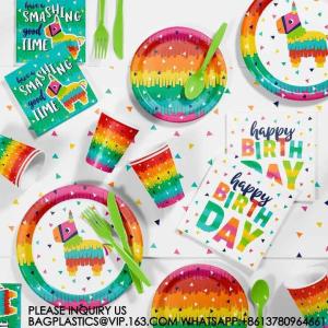 Wholesale Happy Birthday Party Decoration Set Tie-Dye Disposable Banner Paper Plates Tableware Set from china suppliers