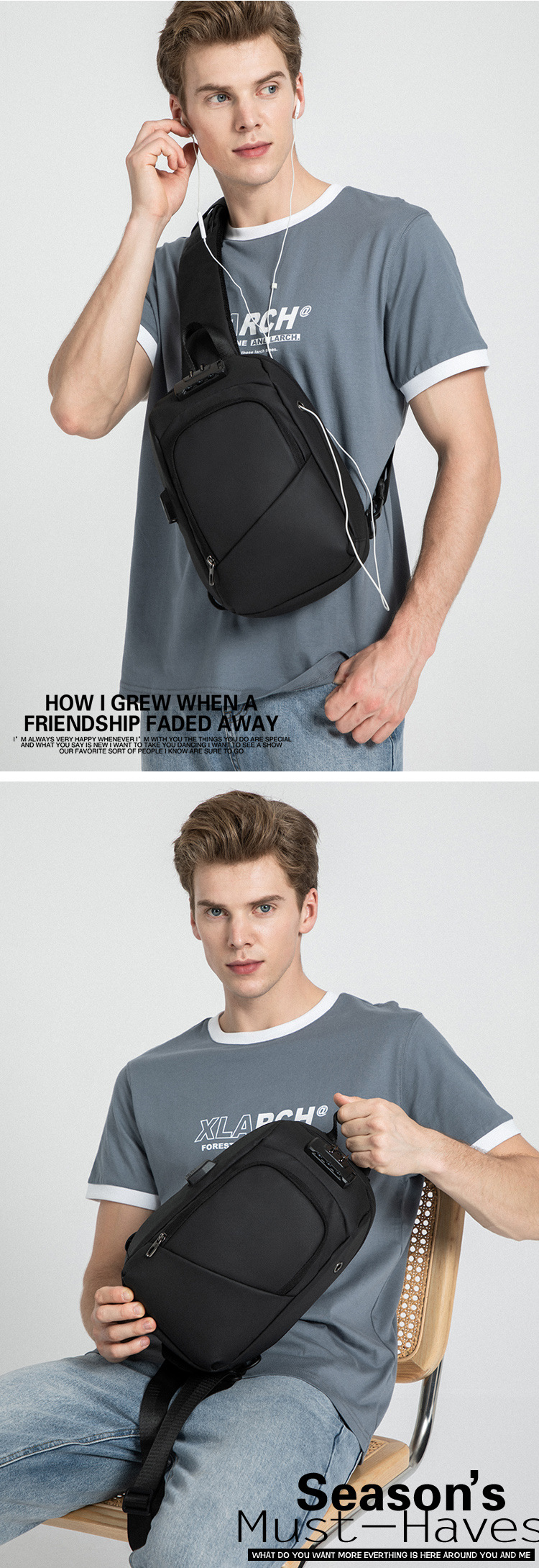 ISO9001 Anti Theft Lock Crossbody Chest Sling Bag For Men 19*12*31cm