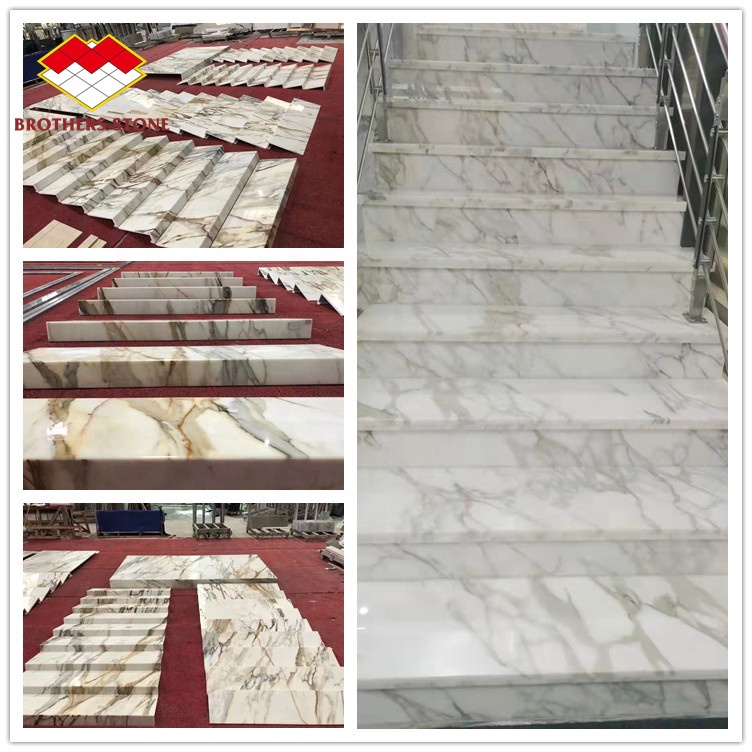 Villa Interior Stair Railing Made of Natural Marble Stone and Calacatta Gold Steps