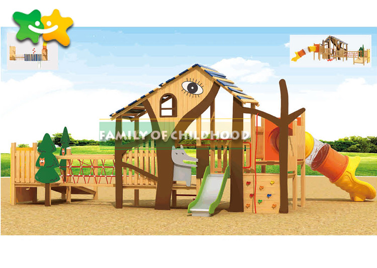 Kindergarten Wooden Playground Slide 1250*1350*520 Cm With Climbing Bridge
