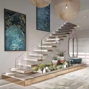Wholesale Wall Mounted Hidden Beam Red Oak Wooden Staircase Villa Open Riser Floating Stair With Lights from china suppliers