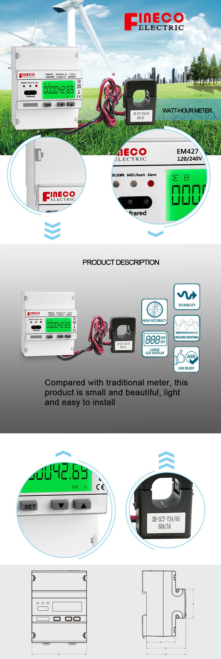 CL1.0 72*104.5*60 Two Phase Three Wires Modbus Electric Energy Meter for CT120/240V