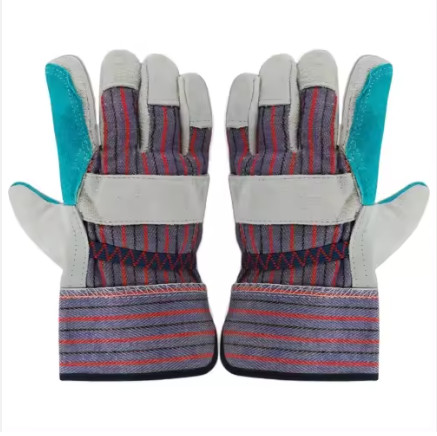 Short Stripe Back Safety Cuff Patched Palm Cow Grain Leather Welding Work Gloves For Welder