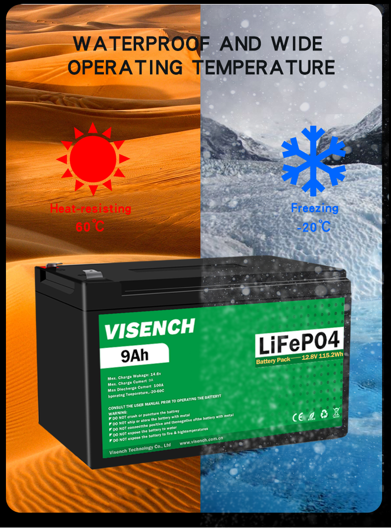 Visench Prismatic 12V 12.8V 9Ah Rechargeable Lithium Iron Phosphate Lifepo4 Battery