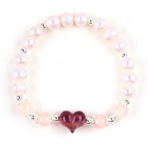 Wholesale 8MM Pink Freshwater Pearl Stretch Bracelet Heart Crystal Carving from china suppliers