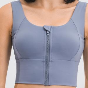 Wholesale Blue Grey Gathered Women's Sports Bra Front Zip Shockproof Gym Running Fitness Crop Top from china suppliers