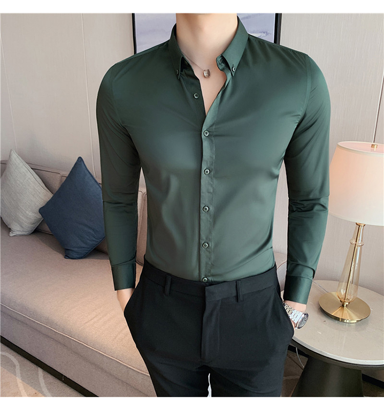 Men's Fashionable Business Casual Shirt Plain Solid Long Sleeve Slim Fit Office Shirts