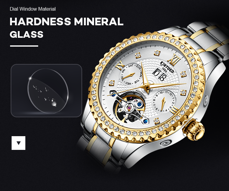 KINYUED calendar wrist watch gold dial with diamond case automatic mechanical watch
