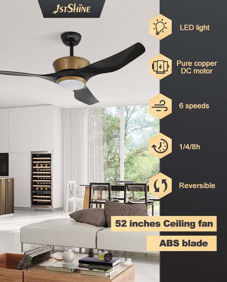 Time Setting 52" Black Gold ABS Blades Ceiling Fan with LED Light and DC Copper Motor