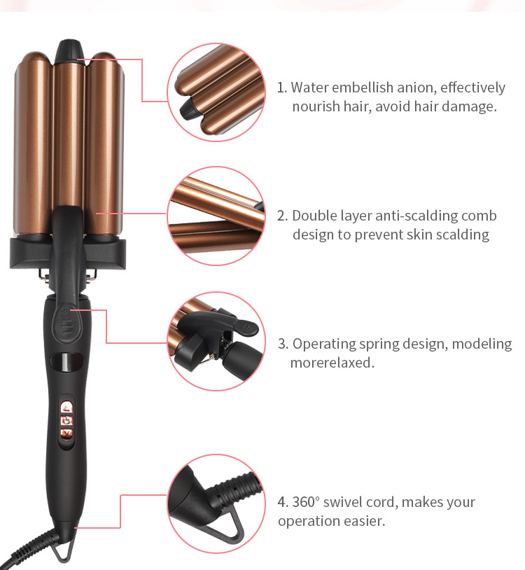 PTC 50HZ 60HZ Three Barrel Hair Waver , LCD Beach Waves Curling Wand
