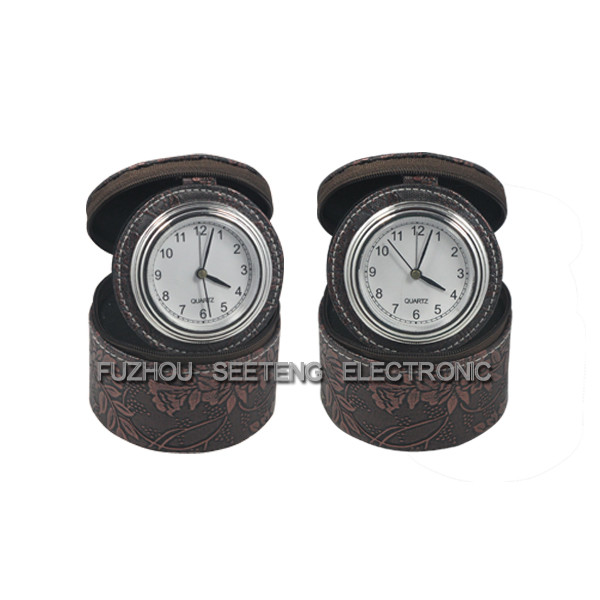Charming Flower printing leather PU travel clock with leather jewel box