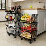 Black Kitchen Basket With Wheels Home Floor Multi-Layer Storage Rack Vegetable