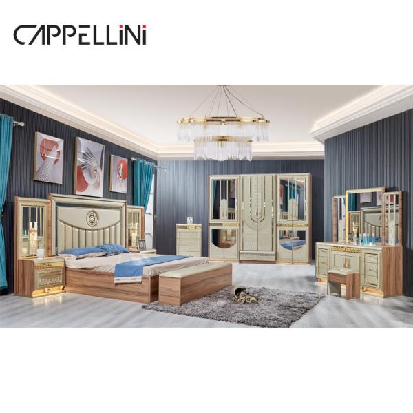 Luxury Gold Wood Double Leather King Size Bed Wooden Modern Home Full Bedroom