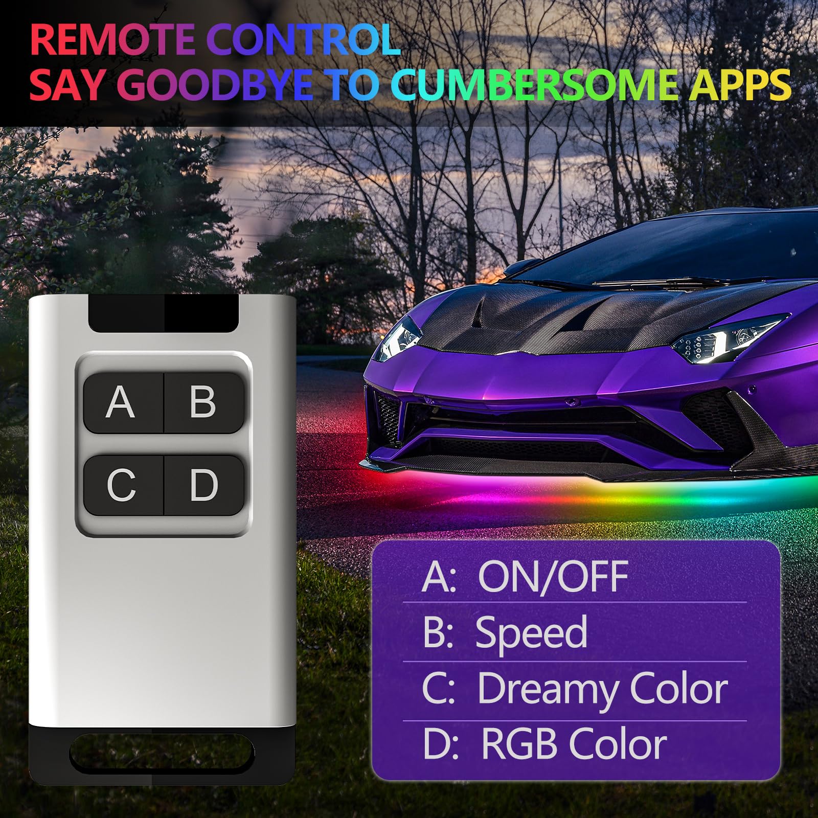 Remote Control Dream Color Chasing LED Car Kit with Rubber Bottom and Dimmable Lights