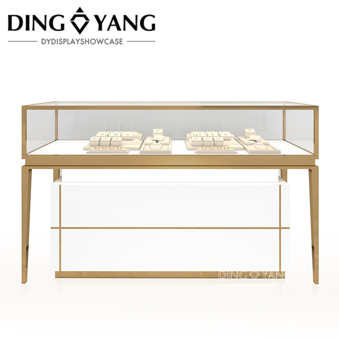 High End Large Jewelry Display Case For Jewelry Store, Golden Hairline Stainless Steel And Ultra-Clear Tempered Glass