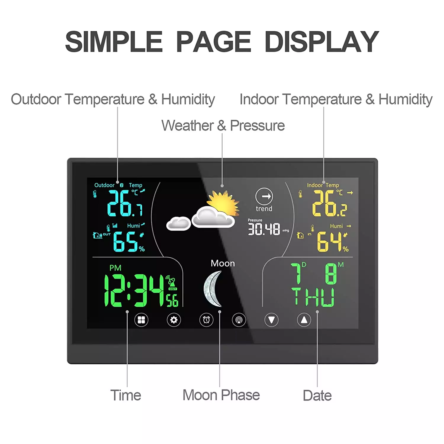 Accurate Wireless Weather Station Touch Screen Digital Forecast Clock 8 Inch Sheet Size