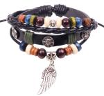 Flower wing charm black leather multi strands bracelets for men and women