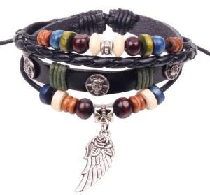 Wholesale Flower wing charm black leather multi strands bracelets for men and women from china suppliers