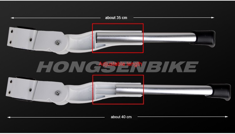Black and white adjustable mountain bicycle foot support/kickstand