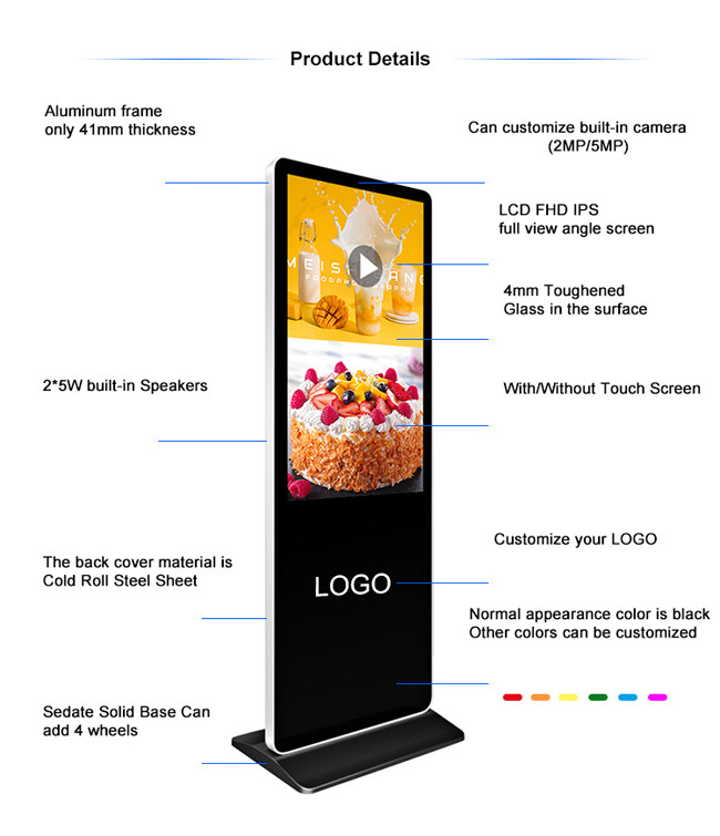 UHD 3840*2160px Floor Standing Interactive Kiosk 20 Points Touch