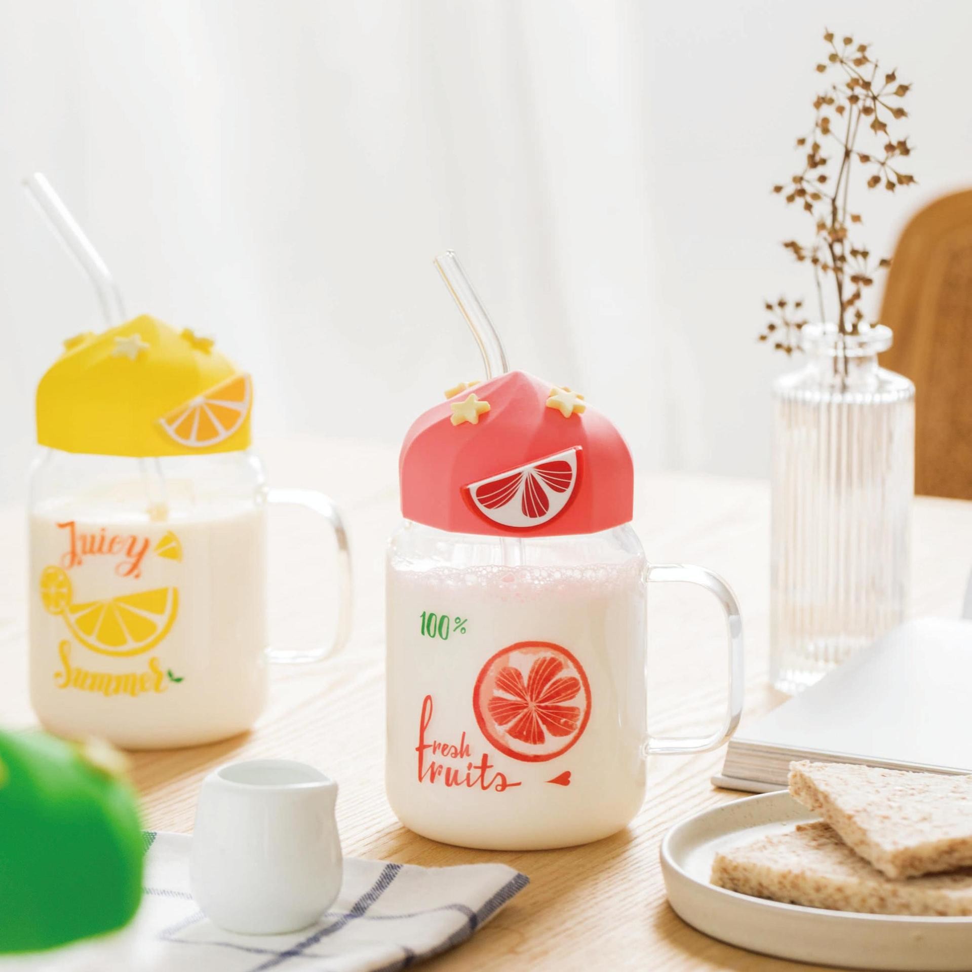 Summer Transparent Fruit High-temperature Glass Cup Cute Large-capacity Covered Straw Student Girls' Milk Breakfast Cup