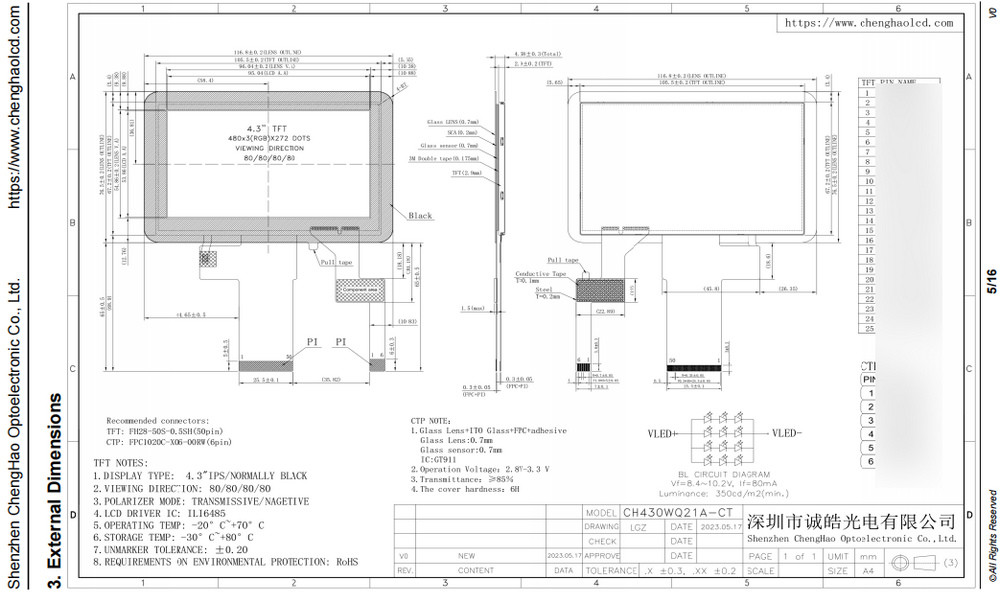 24 Bit Parallel RGB 4.3 Inch LCD Display 480x272 Pixels 50pin TFT LCD Display