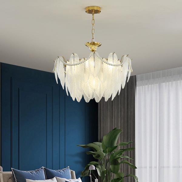 Modern Simple Pearl Feather Glass Chandelier Luxury Living Room Lamp Bedroom