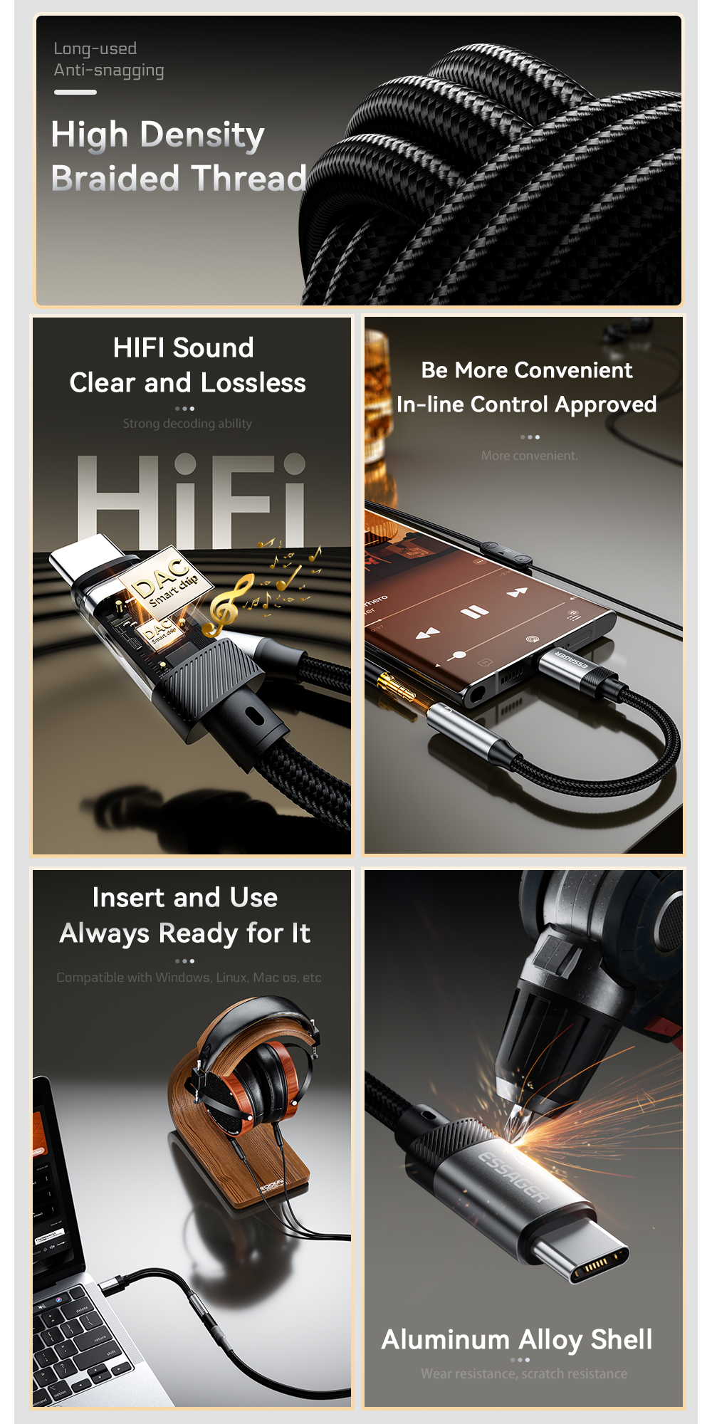 USB C Lightning To 3.5mm Aux Cable OTG Adapters for Mobile Phones and Tablets