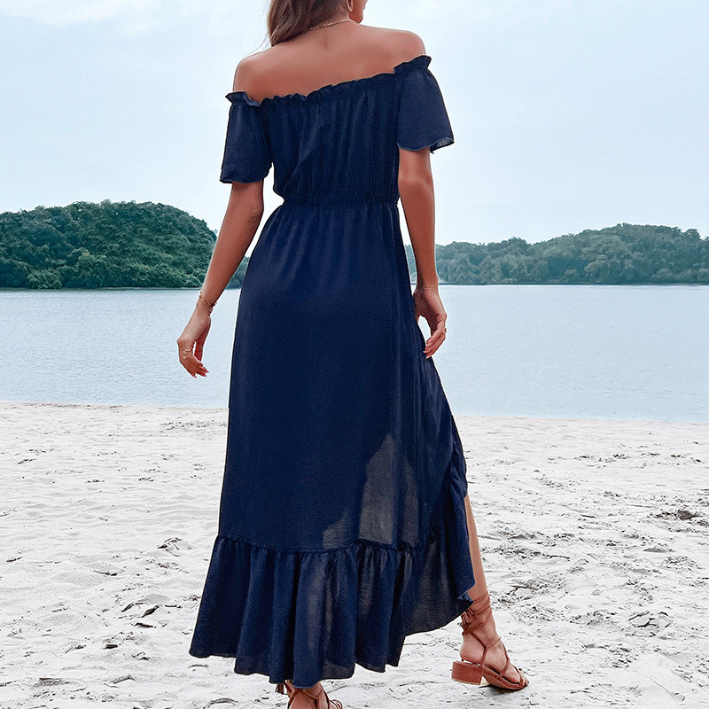 2023 Summer New Europe and The United States Cross-Border Women&prime;s Solid Color off-Shoulder Irregular Dress