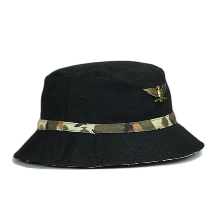 Fashion Style Fishing Sun Bucket Caps Black Decorative Camo Belt Metal Logo
