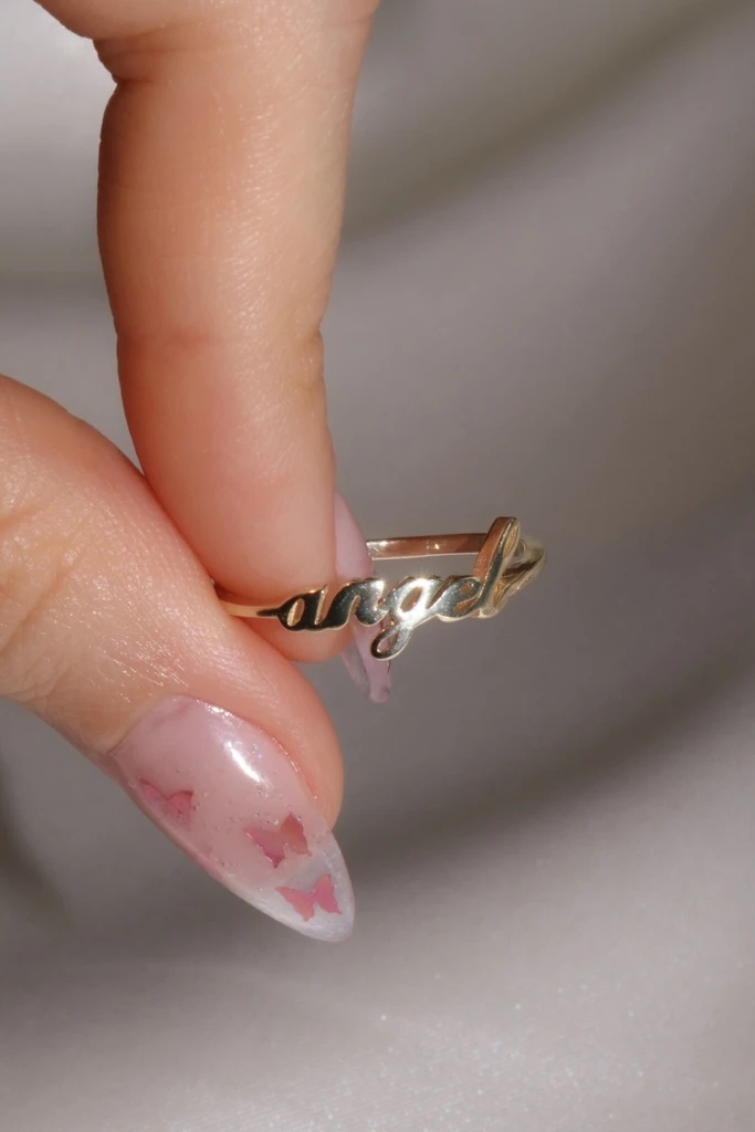 Solid Gold Angel Name Ring for Women Handmade Glitter 925 Sterling Silver Modern N/A