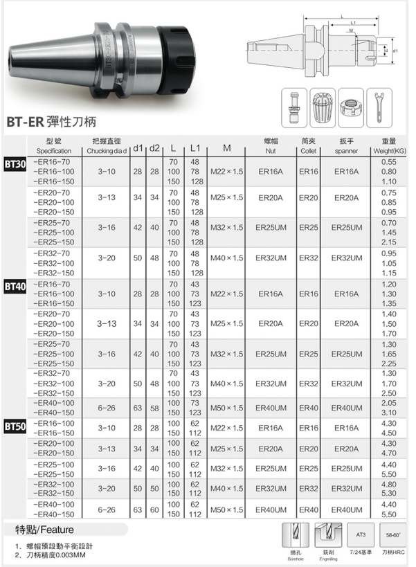 ER COLLET CHUCK ER Collet Chuck BT Tool Holder for ER16-70, ER16-100, ER16-150, ER20-70, ER20-100, ER20-150