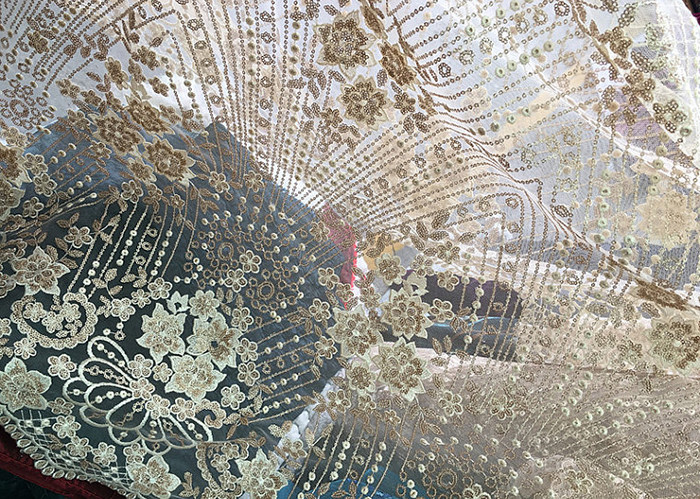 Champagne Gorgeous Flowers Sequin Lace Fabric With Dot Scalloped For Party Gown