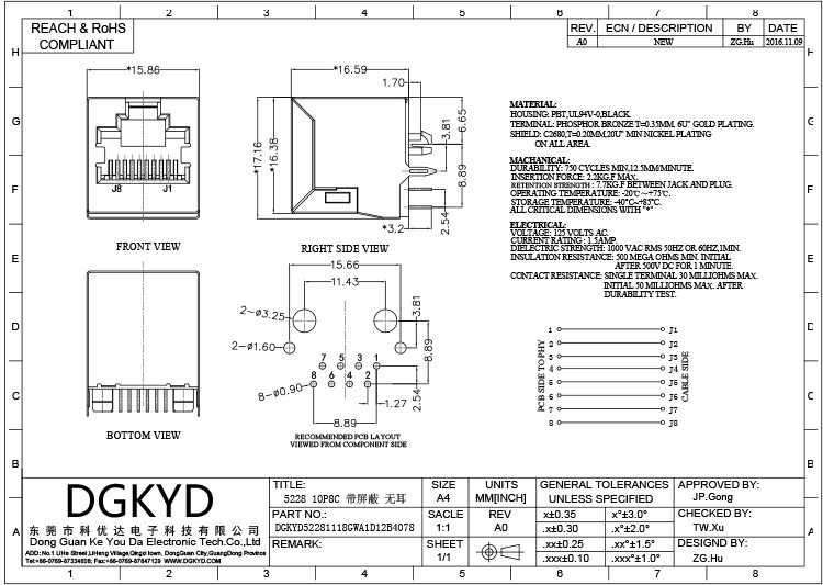 RJ45 Network Port Socket 180 Degree In-Line Interface 10P8C Connector Without Light With Shield Without Filter
