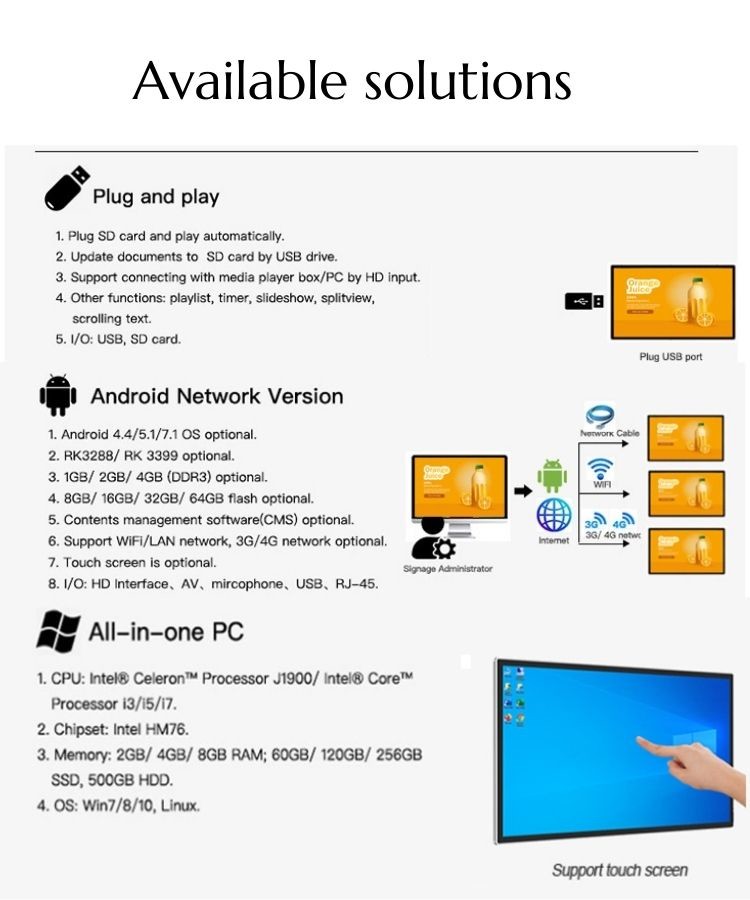 EMMC Flash 8GB 16GB Digital Display Screen Advertising Wall Hanging 1920 X 1080