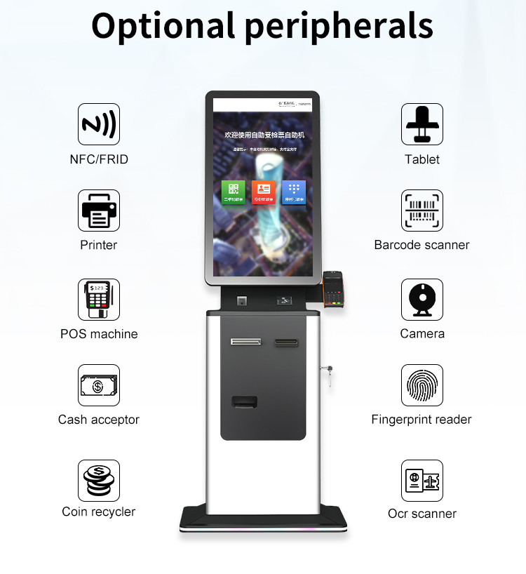 Self Service Ticket Vending Kiosk Cash Payment Coin Validator 24 inch