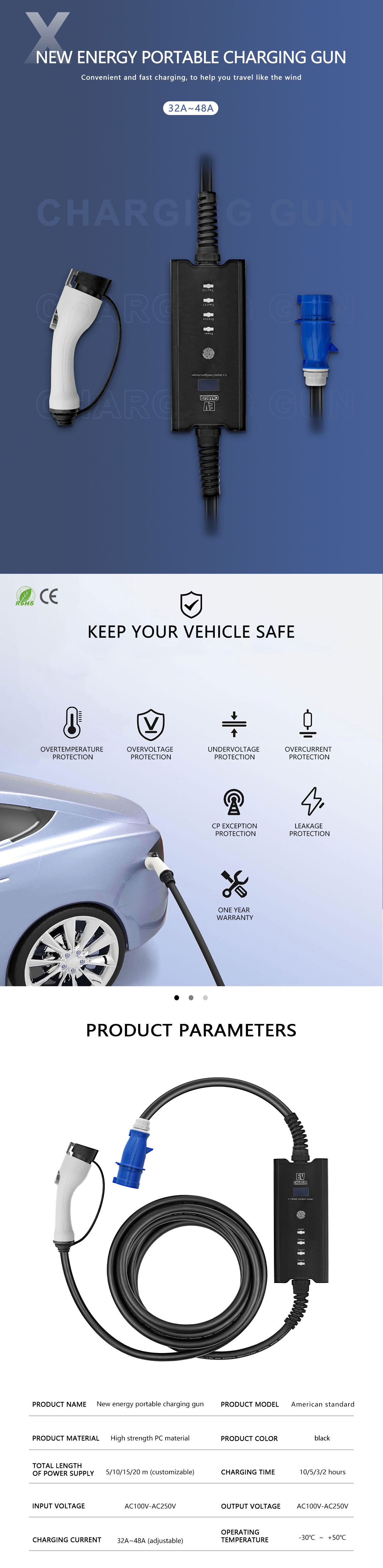 GBT Standard 22KW 32A 3phase Charging Gun for E-mingze Energy Electric Vehicle Charger 3phase Interface Standard GBT
