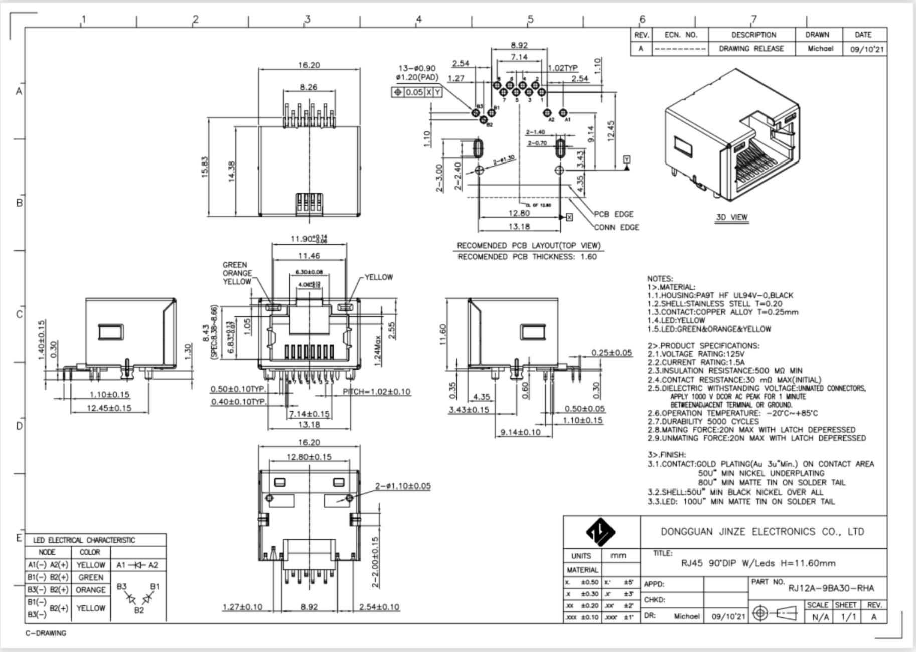 8P8C Female RJ45 SMT Connector Jack Socket With Leds H11.60mm