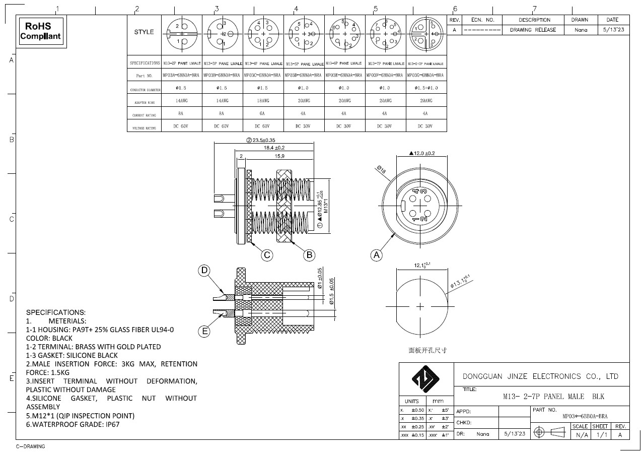 8AMPS IP67 Waterproof M13 Circular 3 Pin Male Connector For PCB