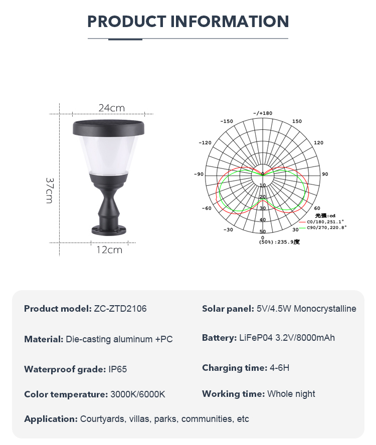 Energy Saving IP65 Solar Post Lights With Mono Solar Panel Aluminum Column Lamp