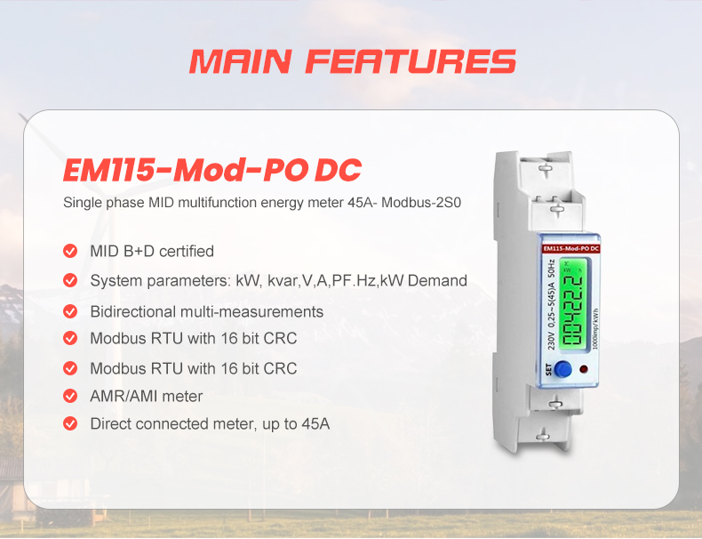18*104.5*60 DC Connected Smart Electric Modbus Energy Meter EM115-Mod-PO 230V 5 45 A