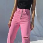 Pink Ripped High Waist Straight Wide Leg Jeans Women