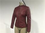 Mandarin Collar Womens PU Leather Jacket , Burgundy Pleather Biker Jacket