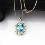 Women Jewelry 9mmx11mm Blue Topaz CZ Diamonds Sterling Silver Pendant Necklace