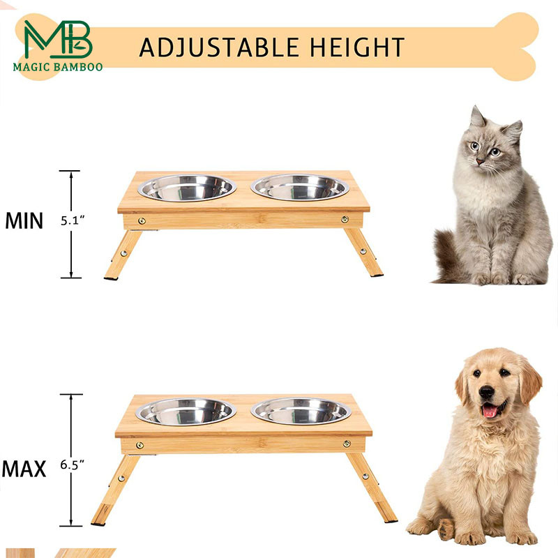 Bamboo Foldable Pet Feeder Non-Slip Two Bowls