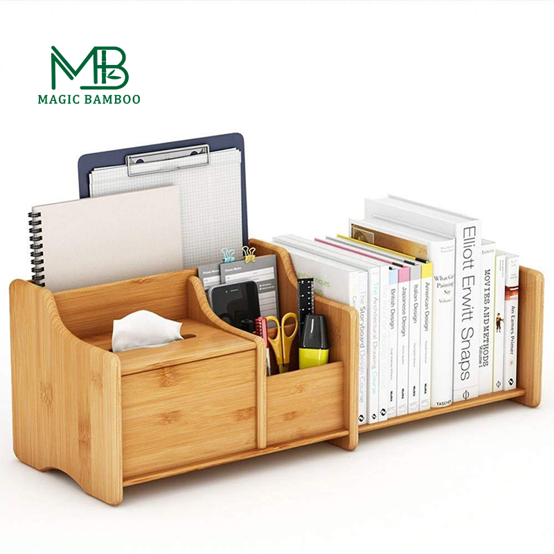 Adjustable Bookend Bamboo Storage Box for Office Organization 30-56.4 x18.54x18.03cm