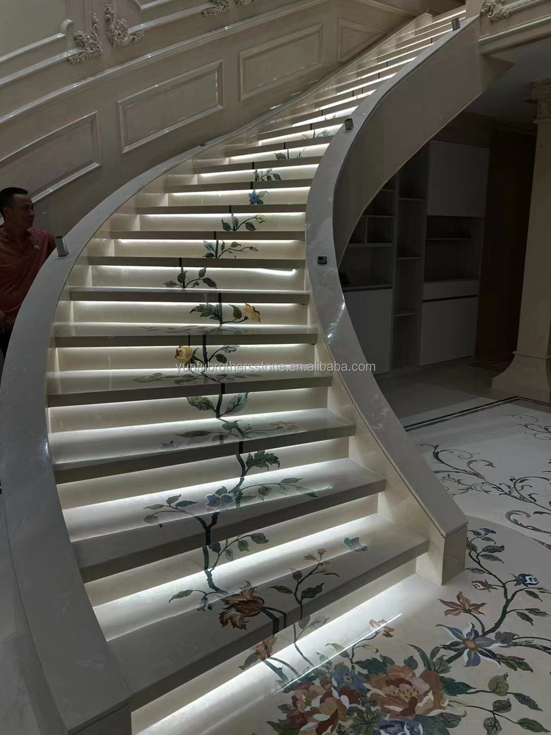 Modern Polished Beige Marble Stairs for Hotels and Villas Graphic Design Flooring