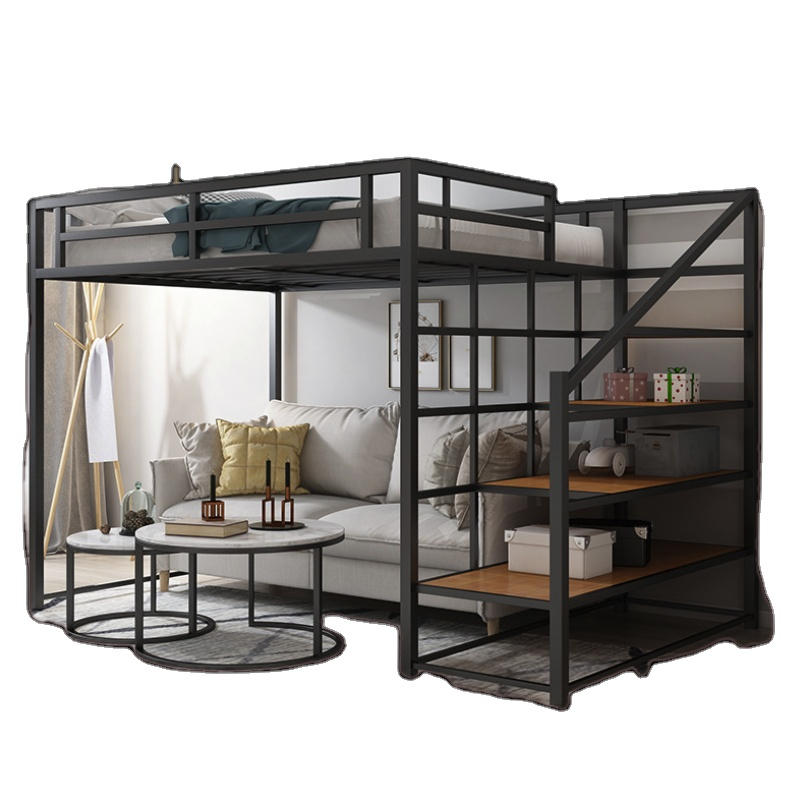 Banister Stairs Double Loft Bed with Metal Frame and Space Capsule Hotel Bed Cabinet