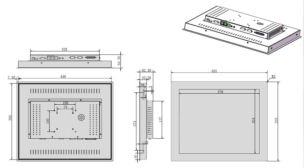 Integrated High Bright 19 Inch Dustproof Resistive Touch Screen Display Industrial LCD VGA DVI Monitor With Metal Casing