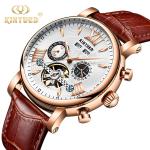 KINYUED J017-1 White Dial Gold Case Leather Strap Complete Calendar Skeleton
